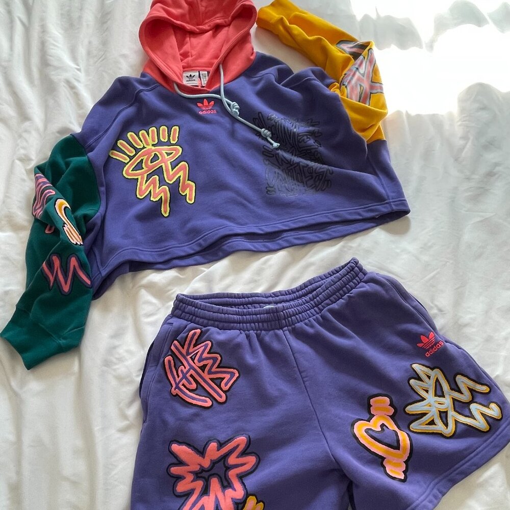 adidas Originals Love Unites Crop Hoodie & Short Set French Terry Purple Women M